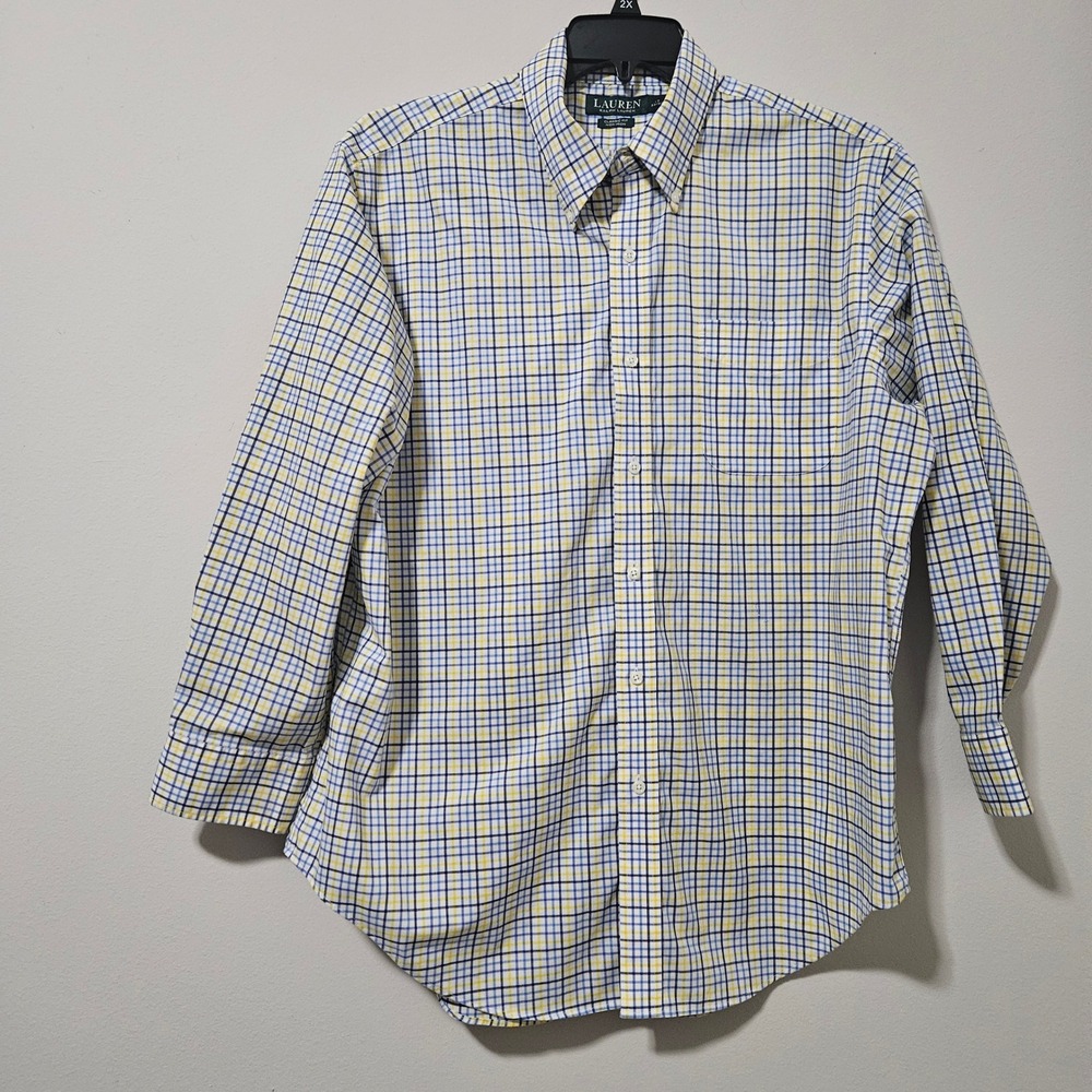 Lauren Ralph Lauren Mens 17 32/33 Classic Fit Non Iron Plaid Dress Shirt Yellow